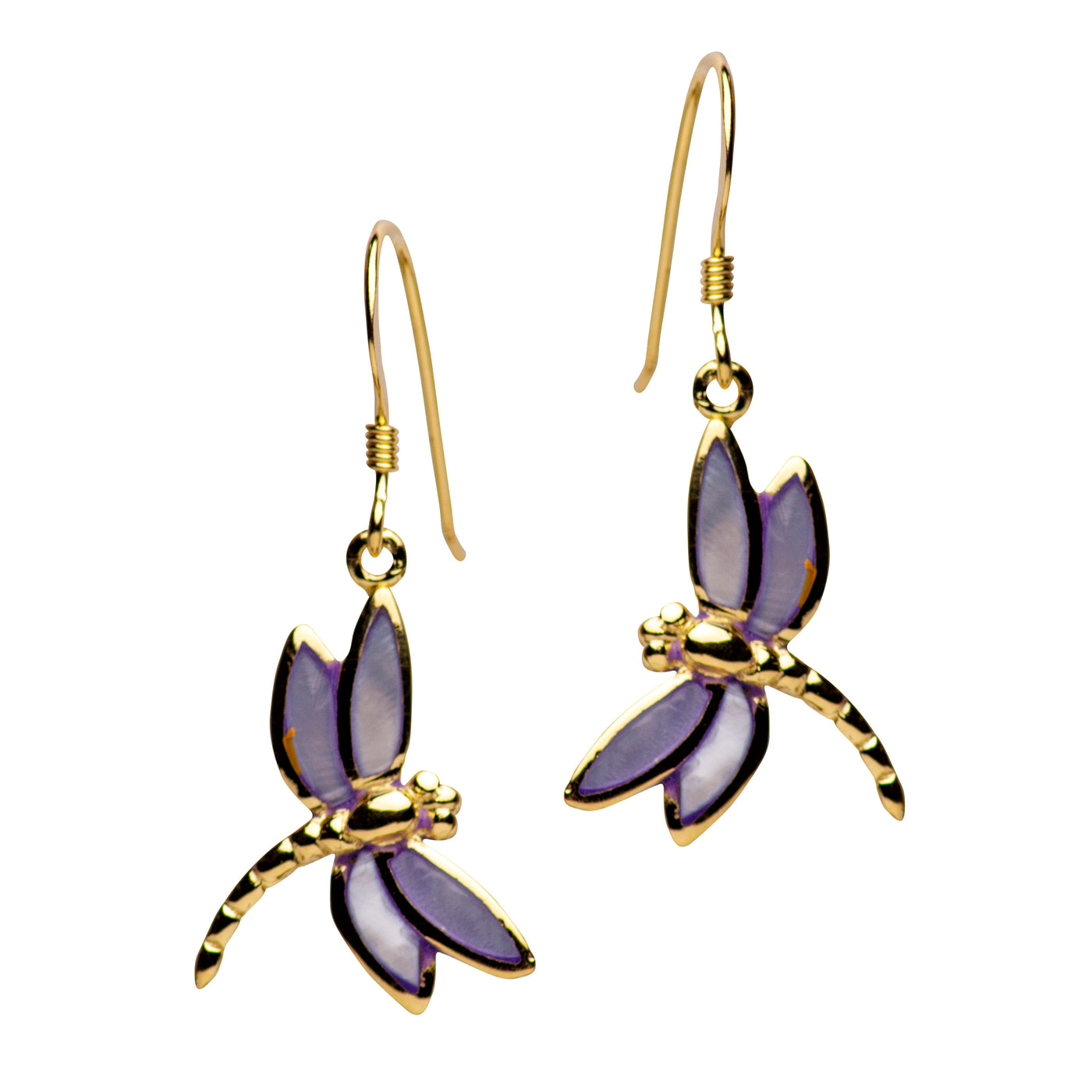Gold Plated Purple Mother of Pearl Dragonfly Earrings | SilverAndGold