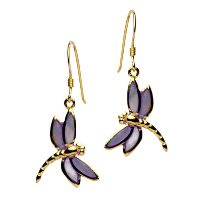 Gold Plated Purple Mother of Pearl Dragonfly Earrings | SilverAndGold