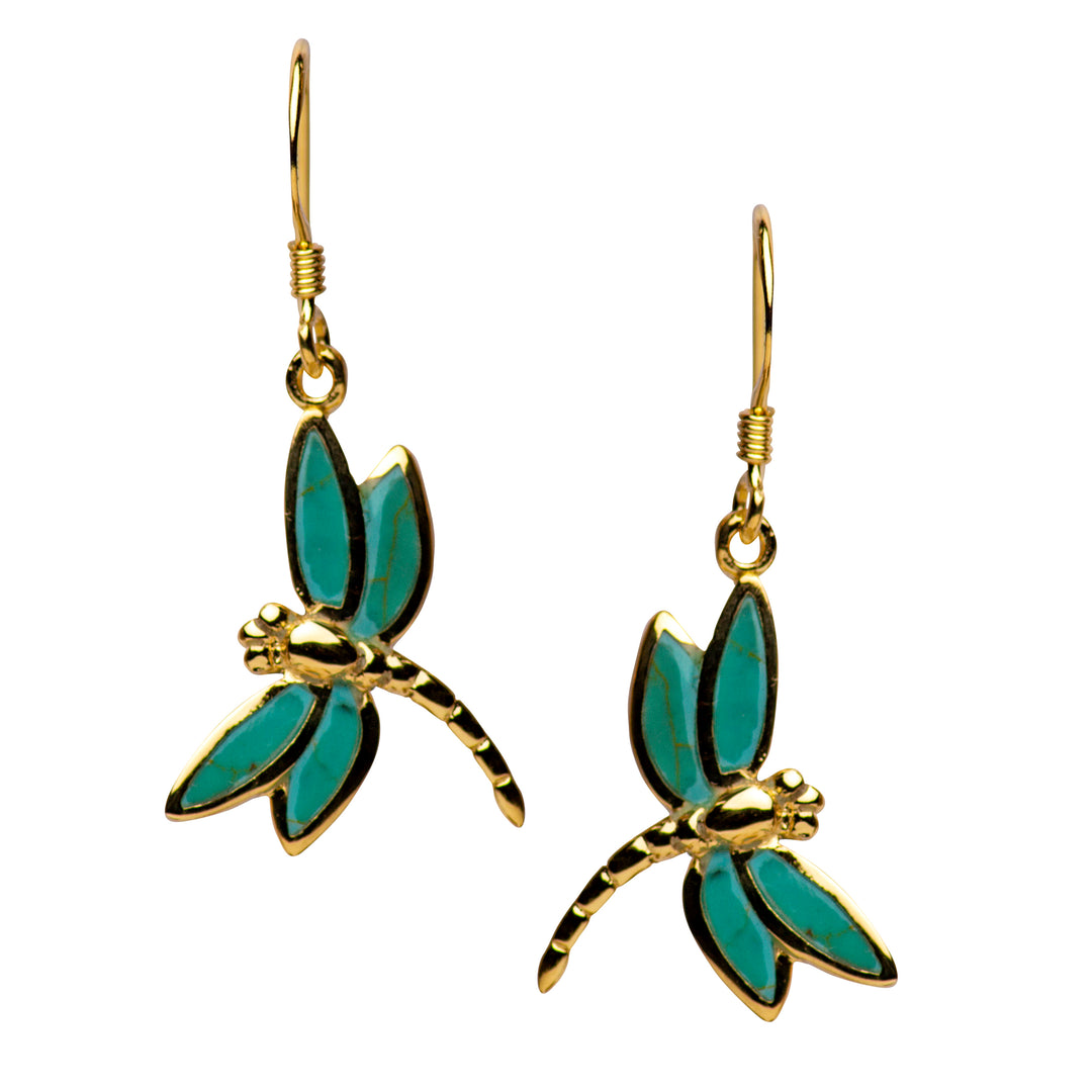 Gold Plated Created Turquoise Dragonfly Earrings | SilverAndGold