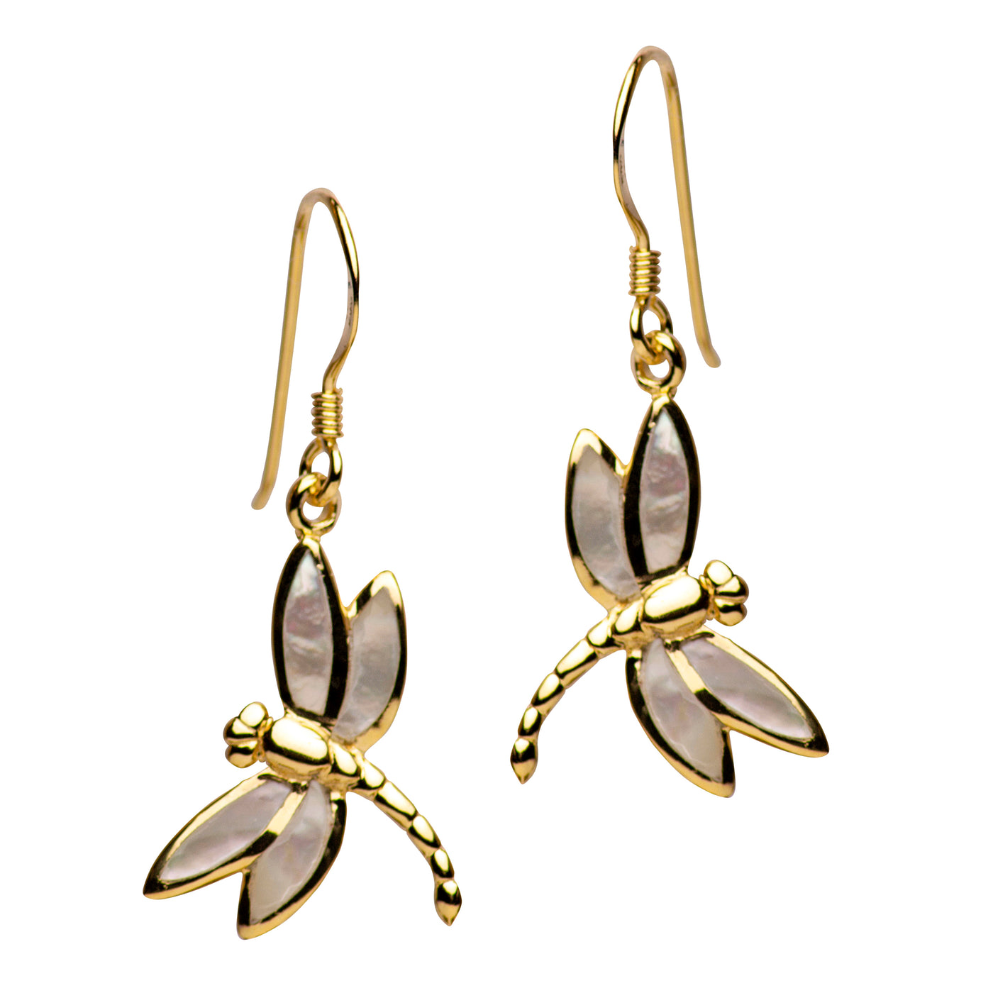 Gold Plated White Mother of Pearl Dragonfly Earrings | SilverAndGold
