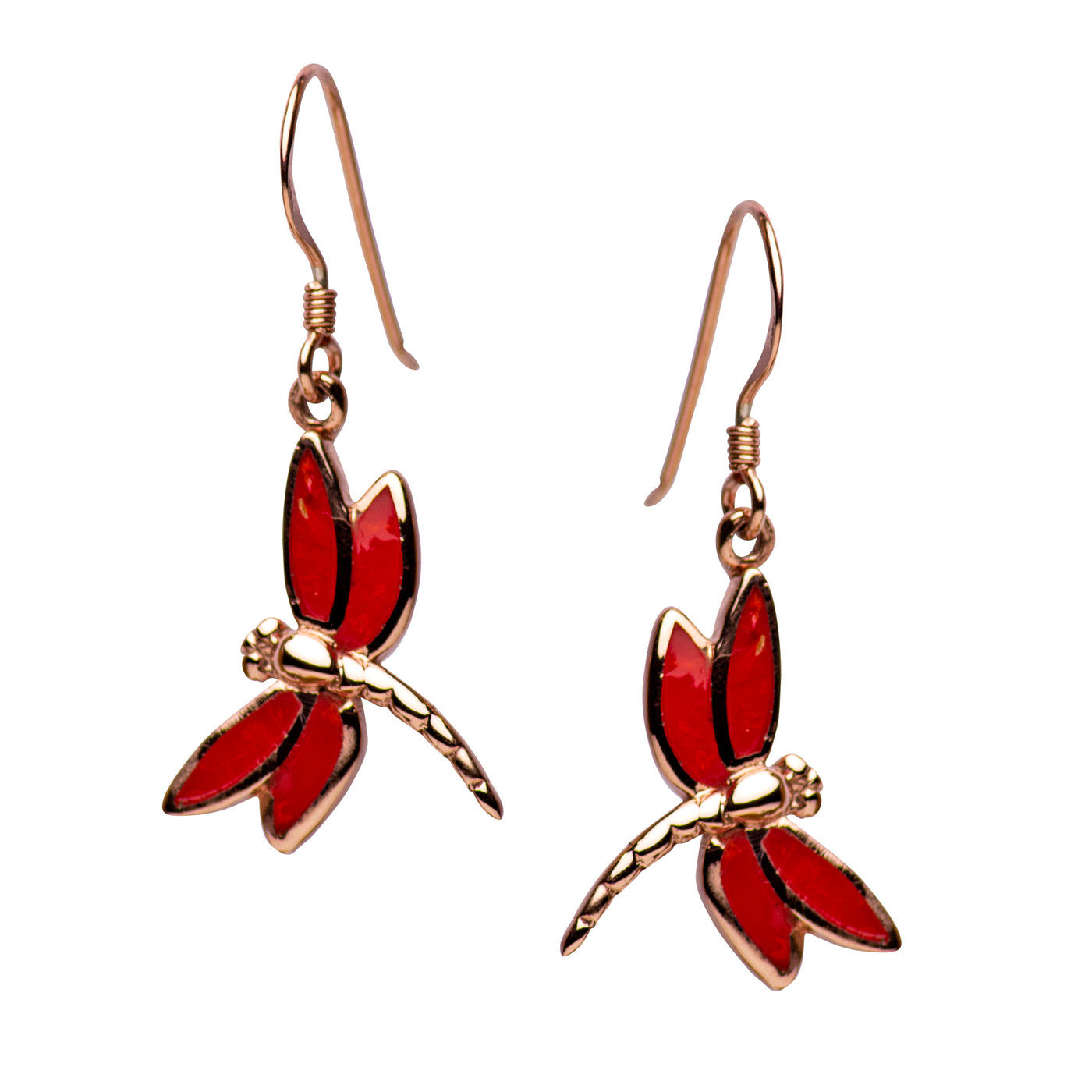 Rose Gold Plated Created Red Coral Dragonfly Earrings | SilverAndGold