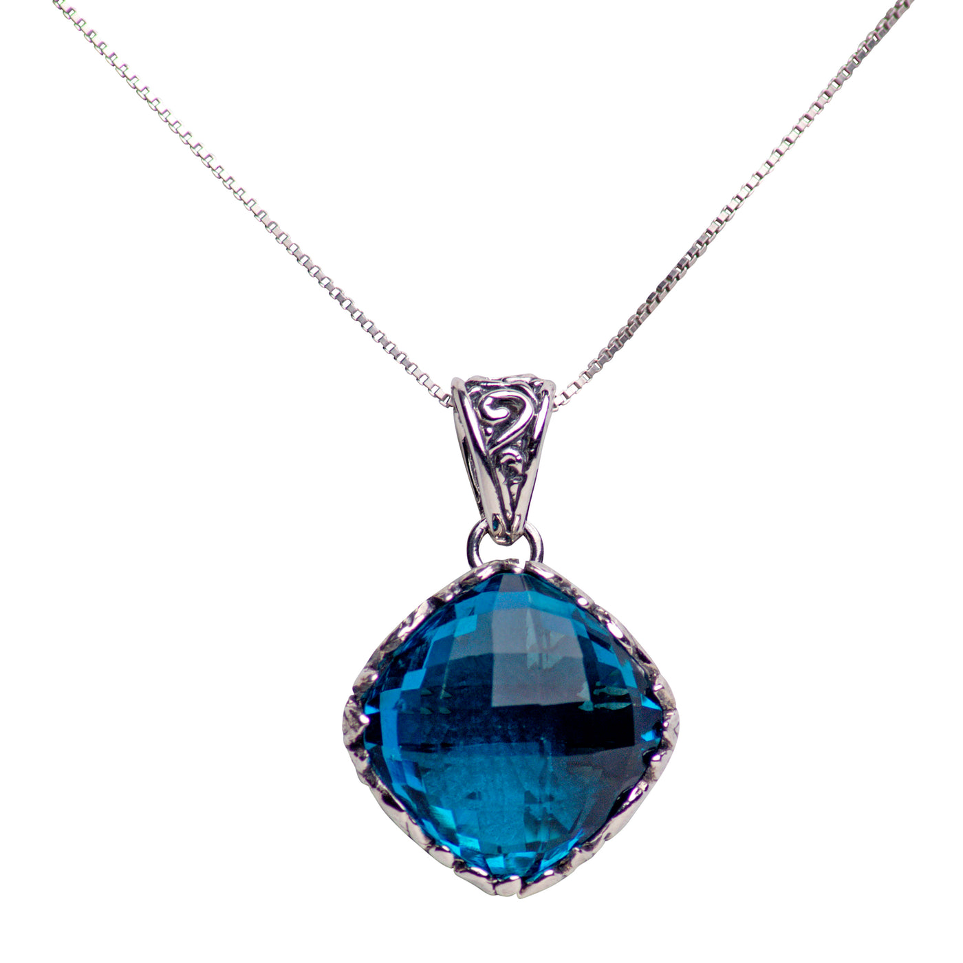 Diamond Shaped Blue Topaz Quartz and Sterling Silver Pendant Necklace