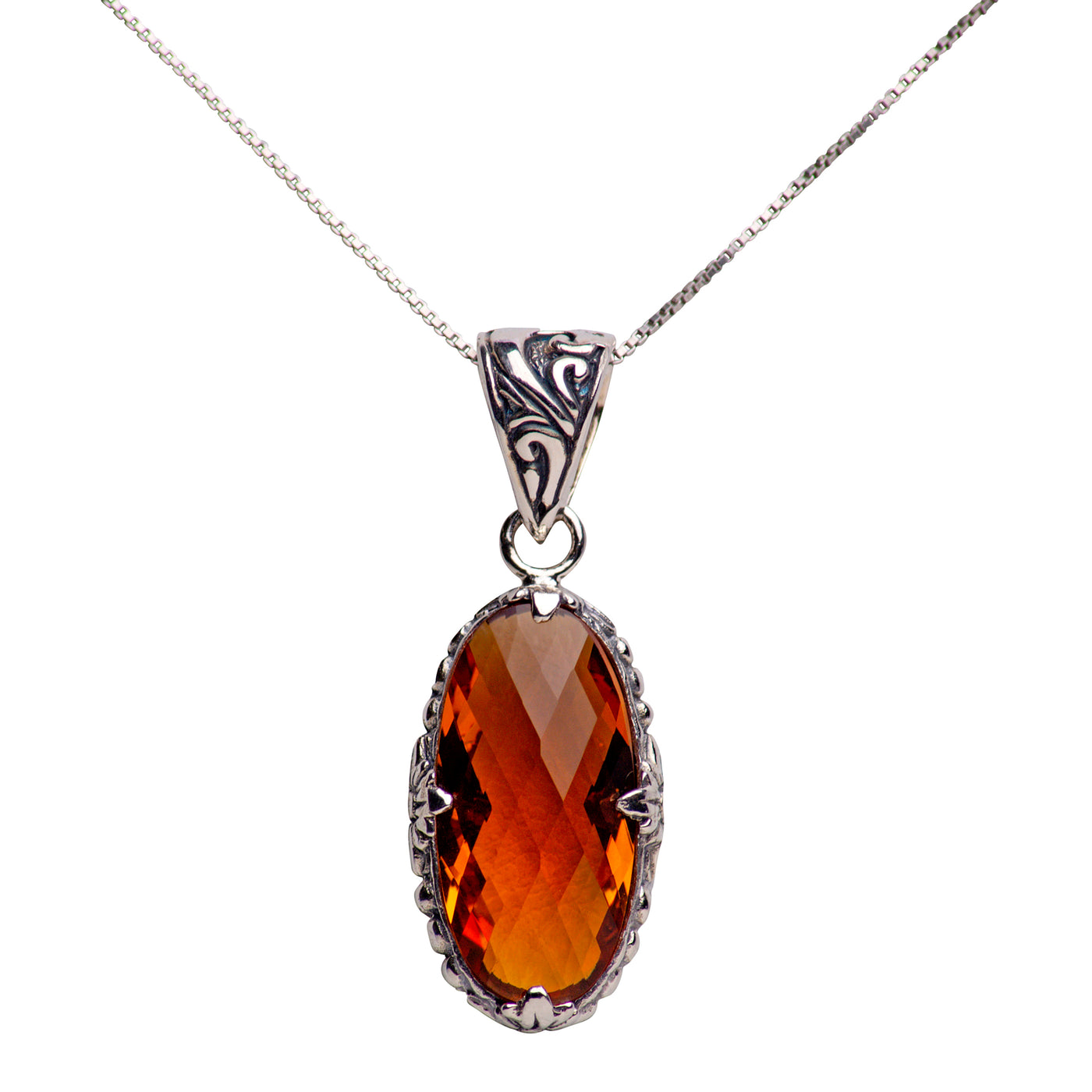 Oval Citrine Quartz and Sterling Silver Pendant Necklace