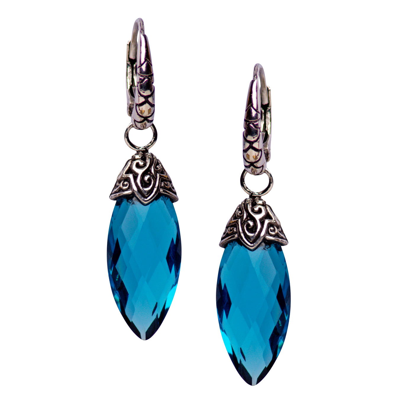 Marquise Shaped Blue Topaz Quartz and Sterling Silver Dangle Earrings