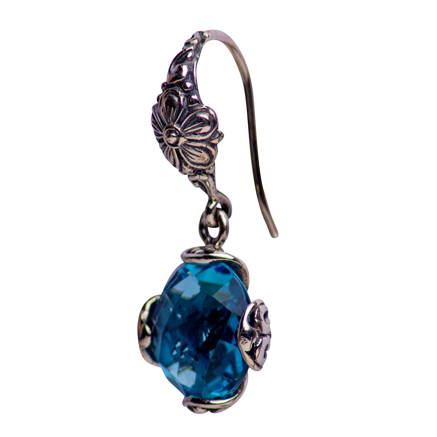 Floral Blue Topaz Quartz and Sterling Silver Dangle Earrings