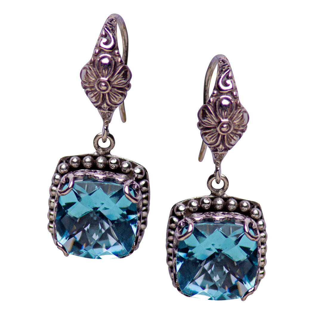 Beaded Square Blue Topaz Quartz and Sterling Silver Dangle Earrings