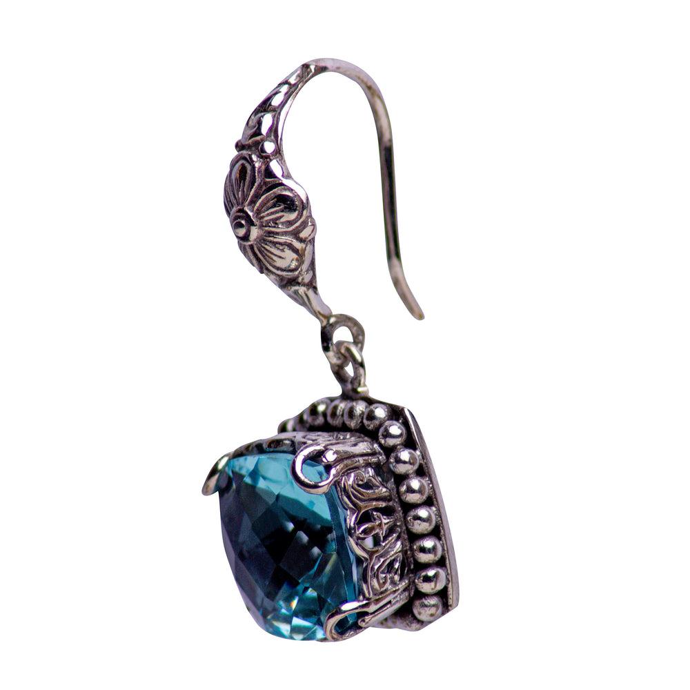 Beaded Square Blue Topaz Quartz and Sterling Silver Dangle Earrings