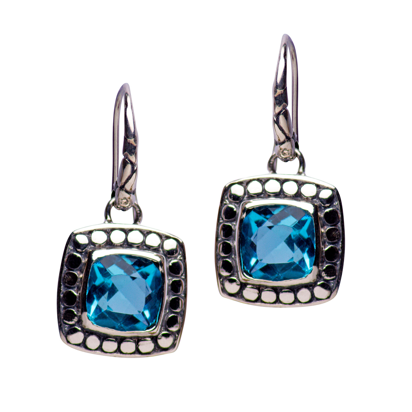Beaded Border Square Blue Topaz Quartz and Sterling Silver Dangle Earrings