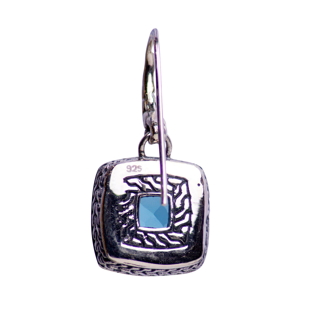 Beaded Border Square Blue Topaz Quartz and Sterling Silver Dangle Earrings