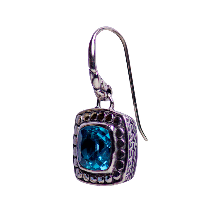 Beaded Border Square Blue Topaz Quartz and Sterling Silver Dangle Earrings
