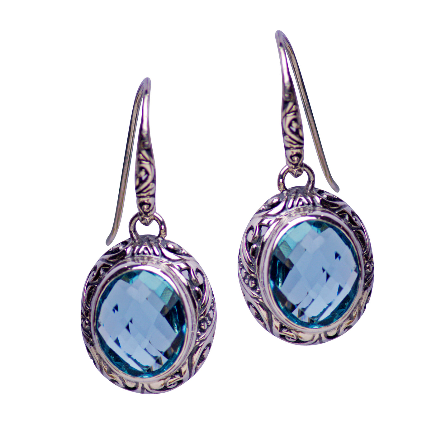 Round Blue Topaz Quartz and Sterling Silver Dangle Earrings