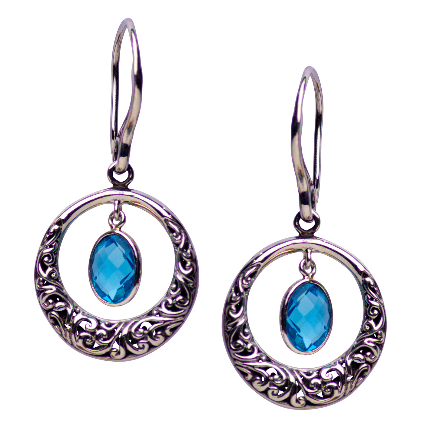 Halo Design Blue Topaz Quartz and Sterling Silver Dangle Earrings