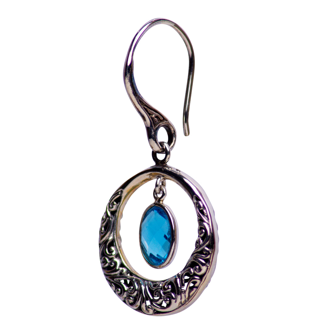 Halo Design Blue Topaz Quartz and Sterling Silver Dangle Earrings