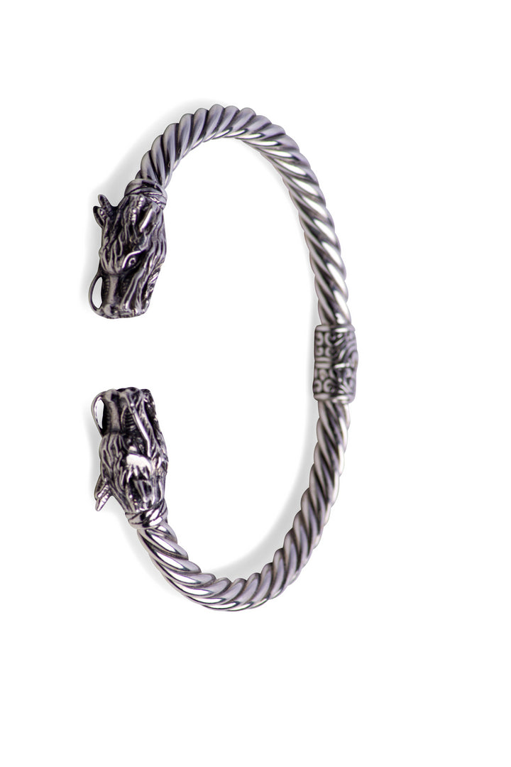 Double-Dragon Head Cuff Silver Bracelet