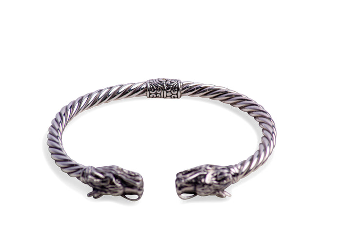 Double-Dragon Head Cuff Silver Bracelet