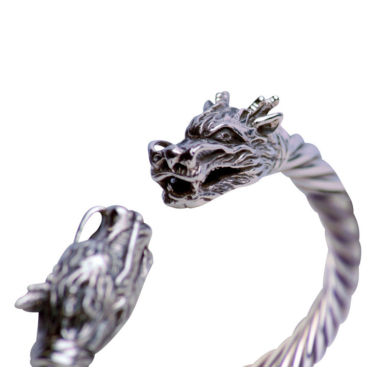 Double-Dragon Head Cuff Silver Bracelet