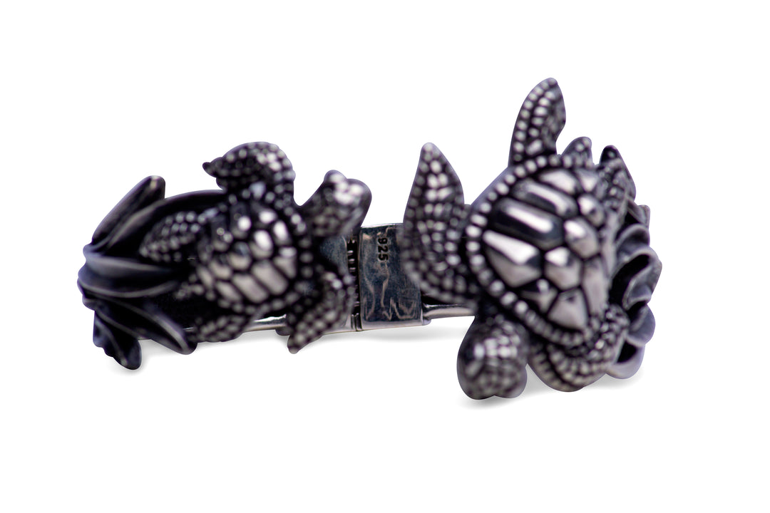 Double Turtle Silver Cuff Bracelet