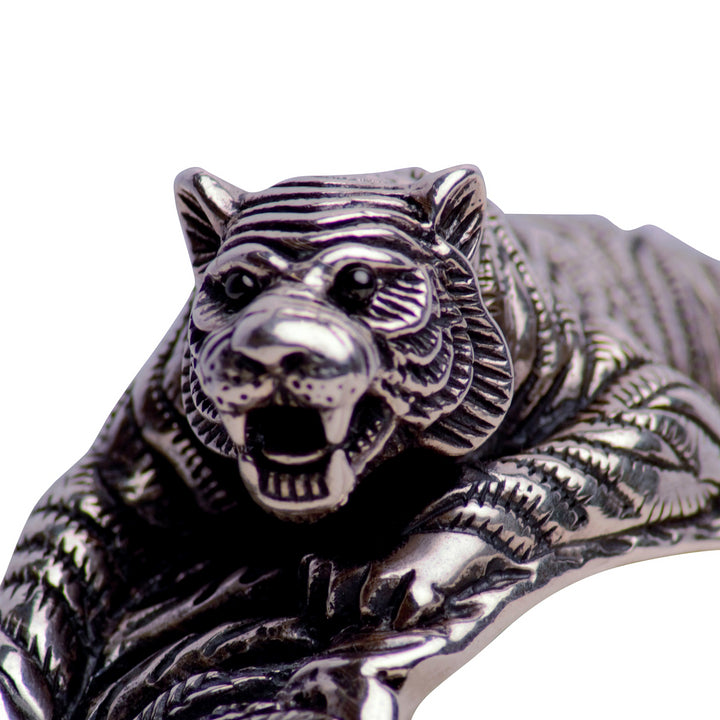 Crouching Tiger Hinged Silver Cuff Bracelet