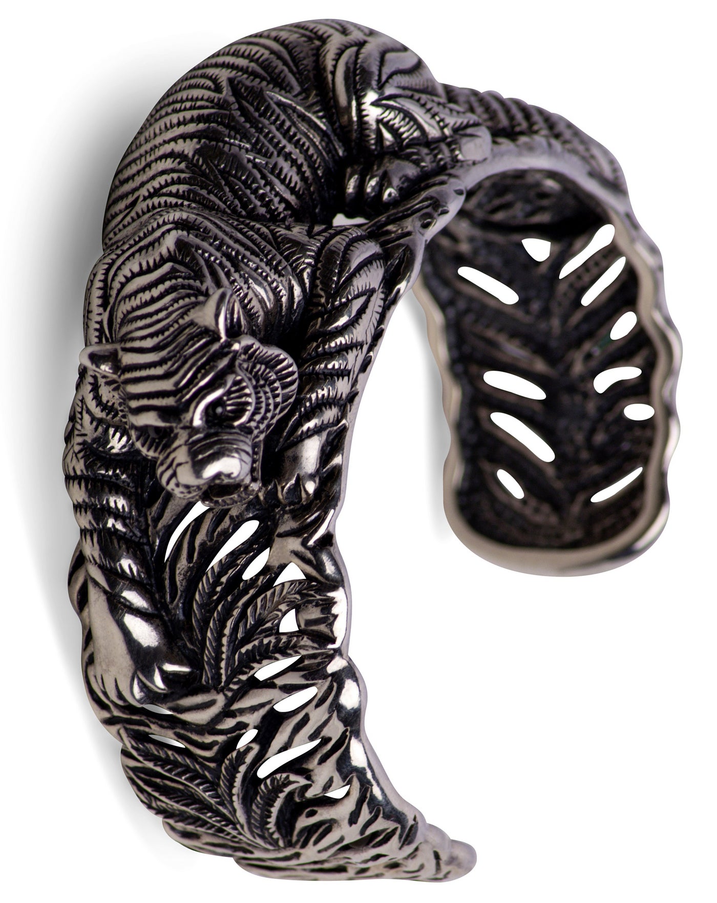 Crouching Tiger Hinged Silver Cuff Bracelet
