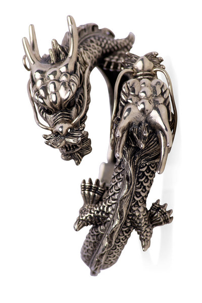 Double-Dragon Head Silver Hinged Bracelet