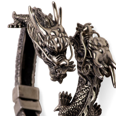 Double-Dragon Head Silver Hinged Bracelet