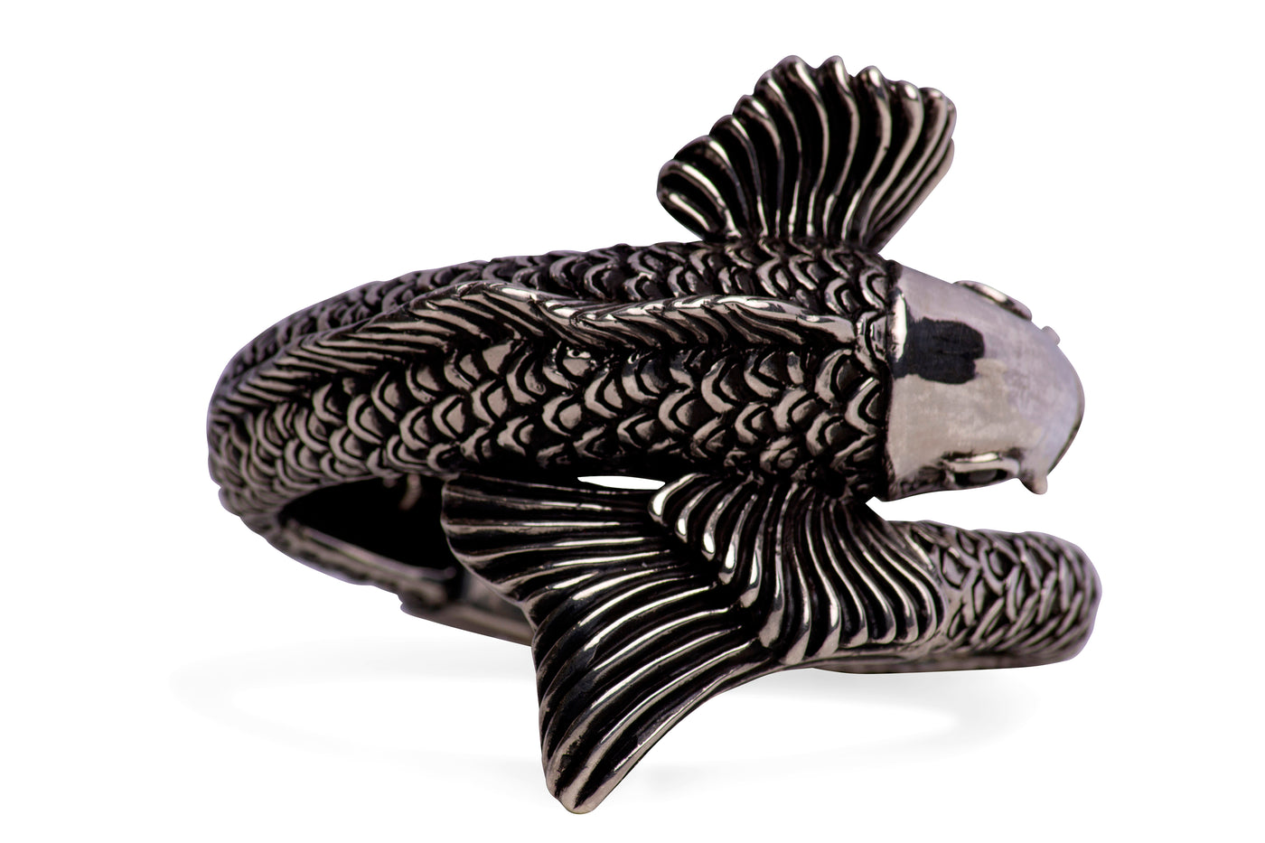 Lucky Koi Fish Hinged Silver Cuff Bracelet