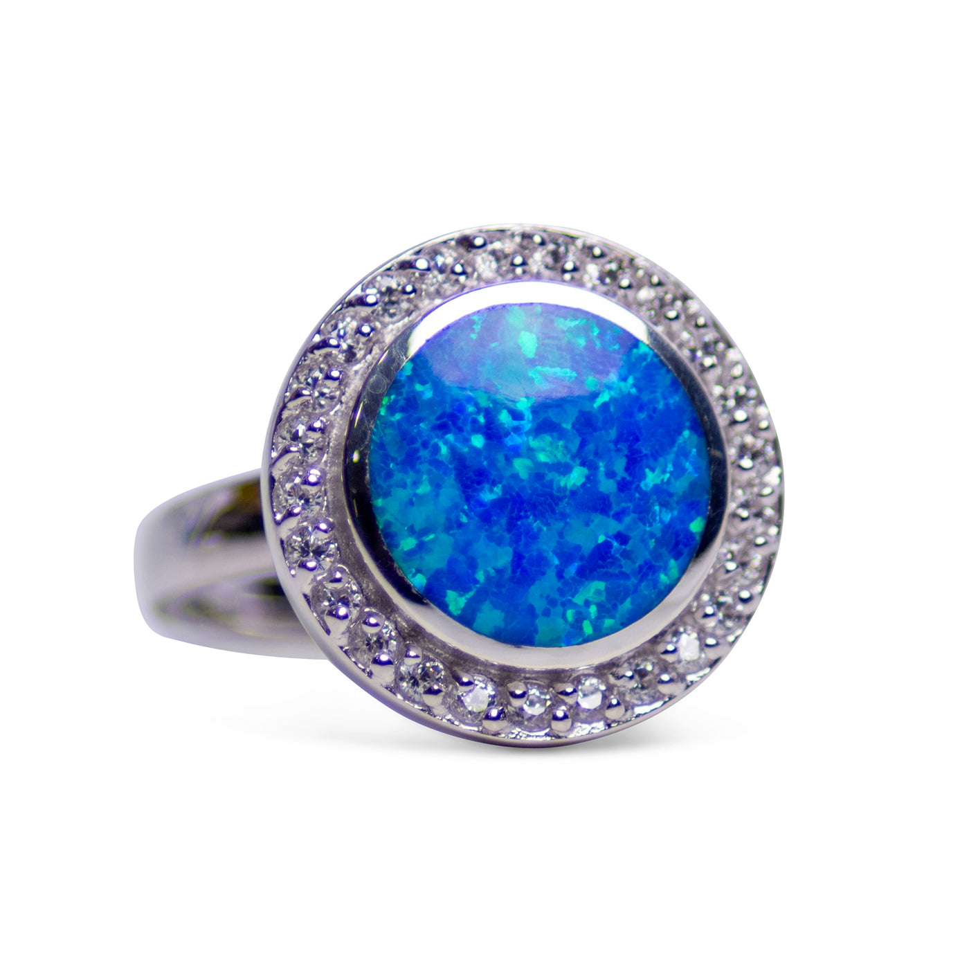 Created Blue Opal & Cubic Zirconia Halo Style Ring | SilverAndGold