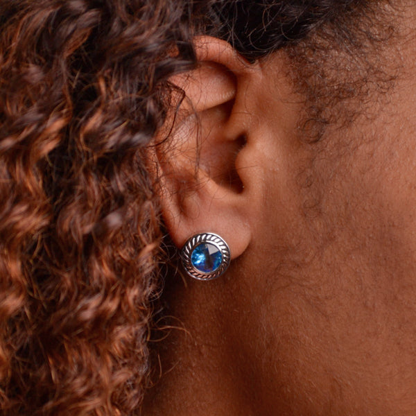 Created Blue Topaz Round Sterling Silver Earrings | SilverAndGold