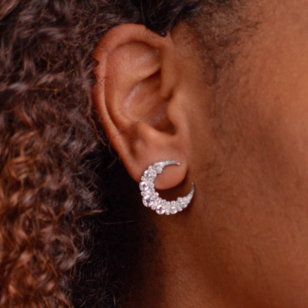 Crescent Moon Diamond Simulant Silver Earrings