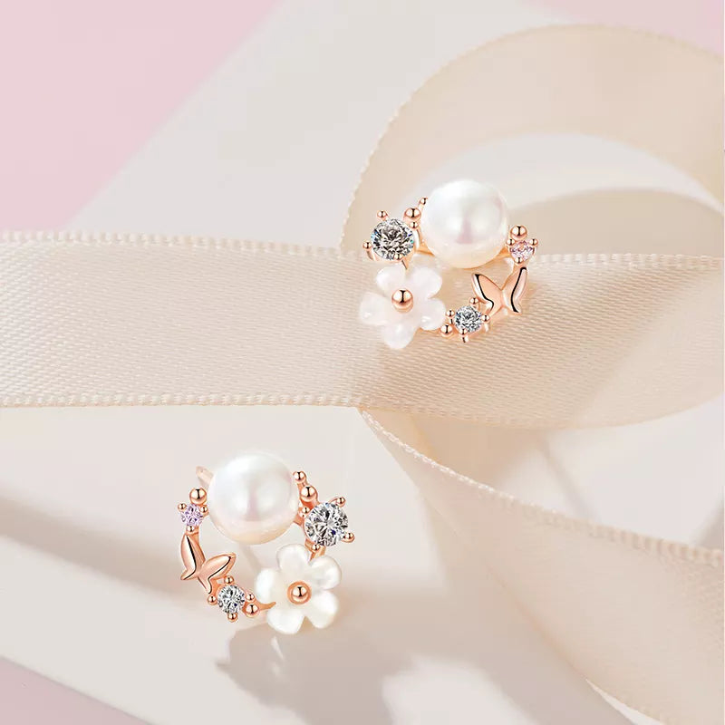 Pearl & Flower Wreath Gold Earrings