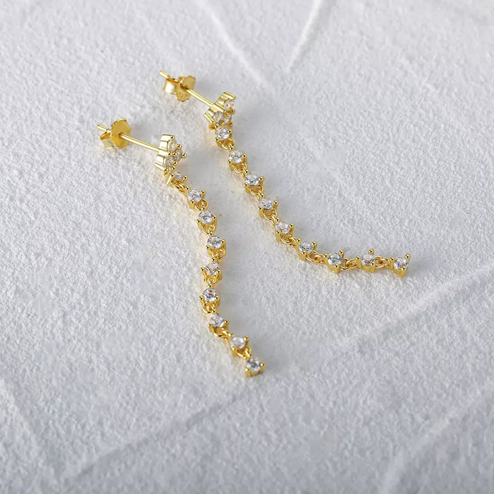 Diamond Simulant Dangle Chain Gold Earrings