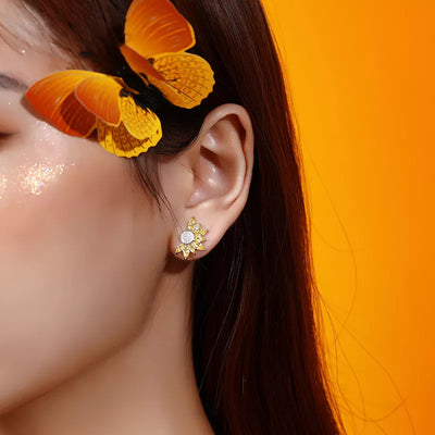 Yellow Diamond Simulant Sunflower Silver Earrings