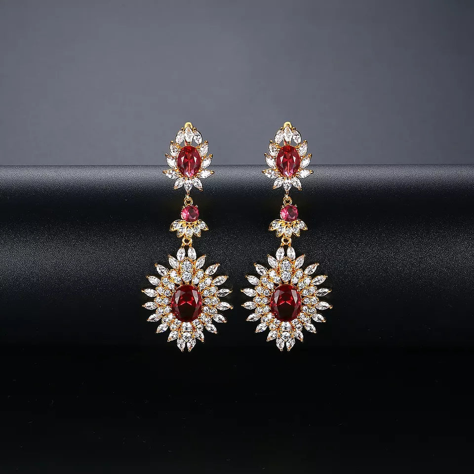 Ruby Simulant Gold Statement Earrings