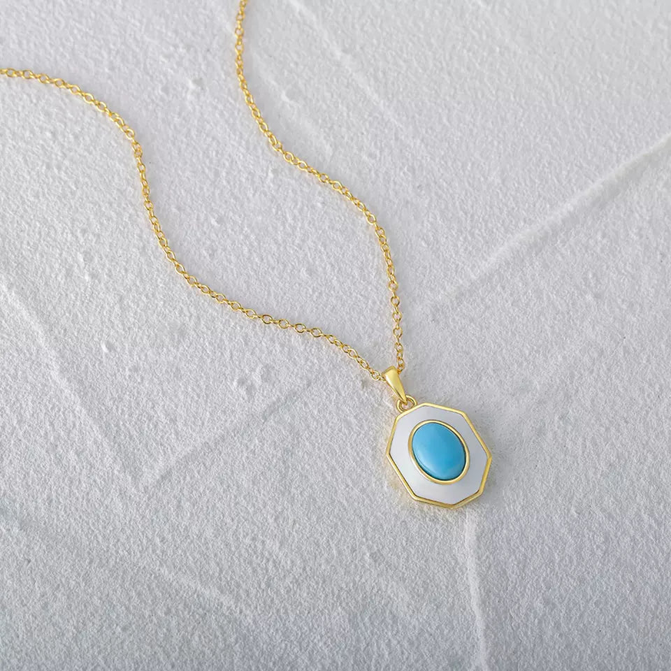 Aquamarine Simulant & Enamel Gold Necklace