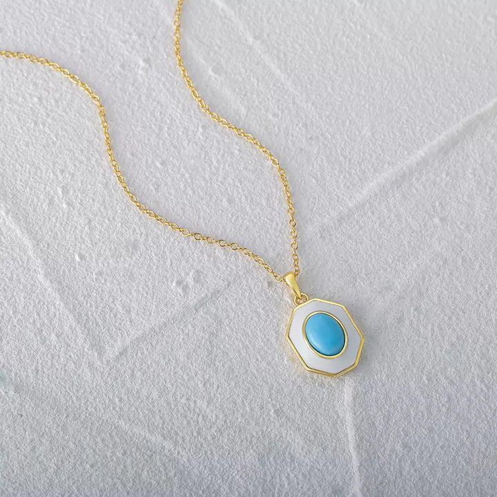 Aquamarine Simulant & Enamel Gold Necklace