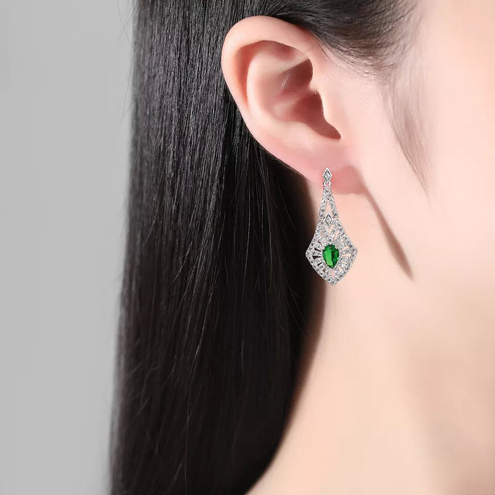 Emerald Simulant Art Deco Silver Earrings