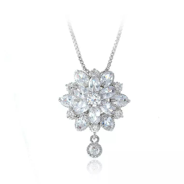 Diamond Simulant Floral Silver Necklace