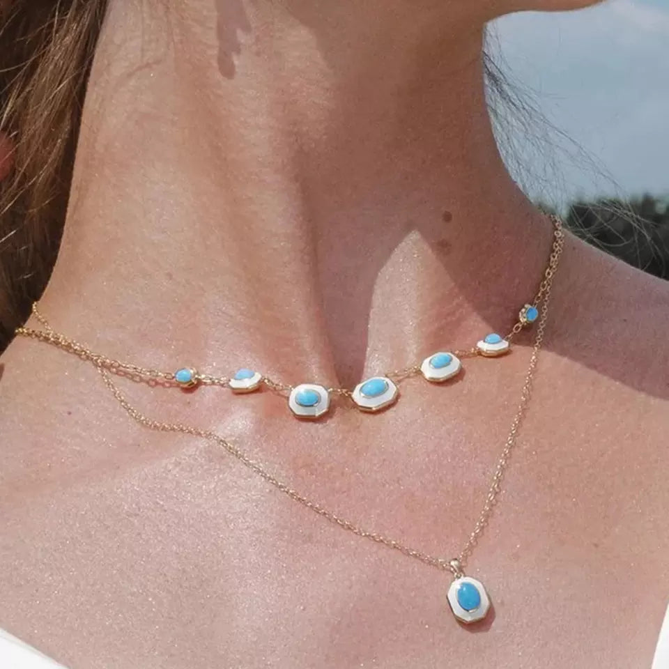 Aquamarine Simulant & Enamel Gold Necklace