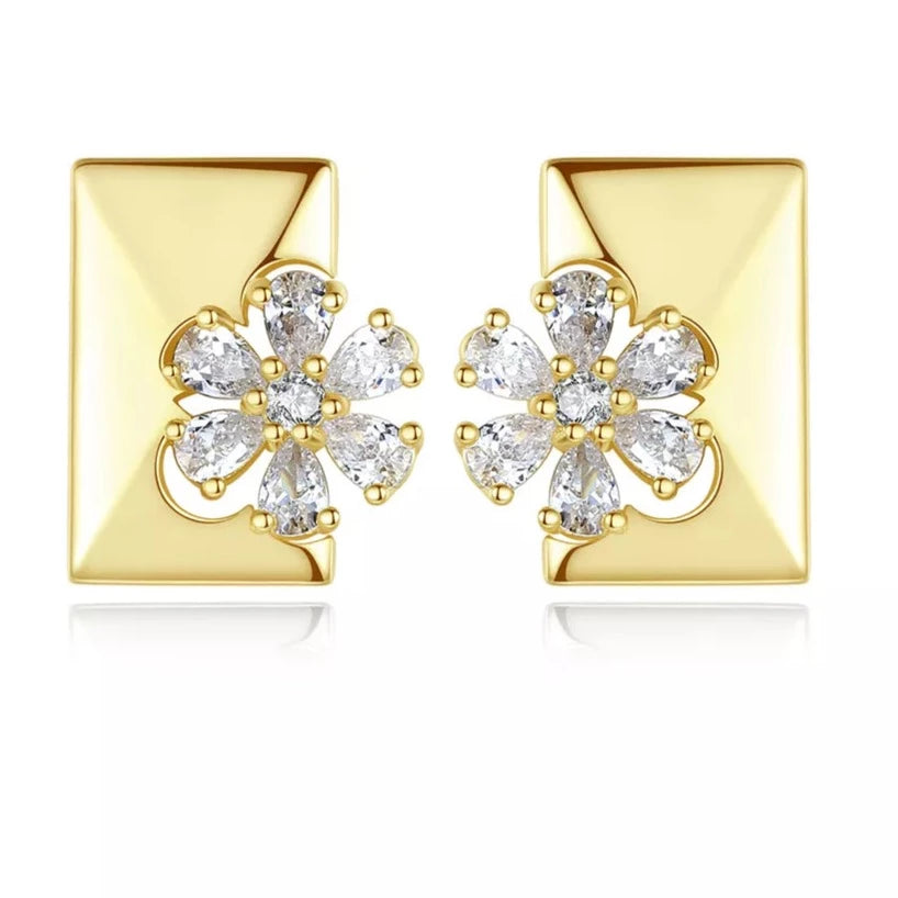Diamond Simulant Floral Gold Earrings