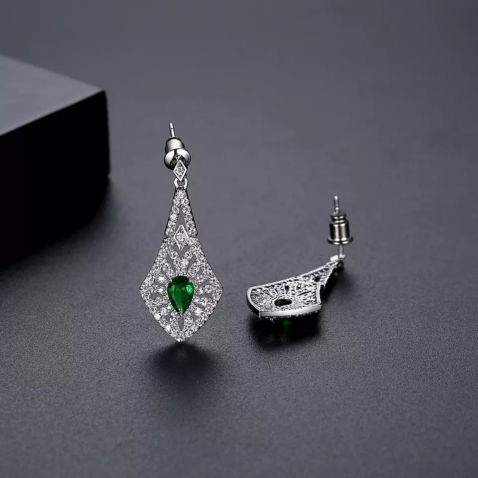 Emerald Simulant Art Deco Silver Earrings