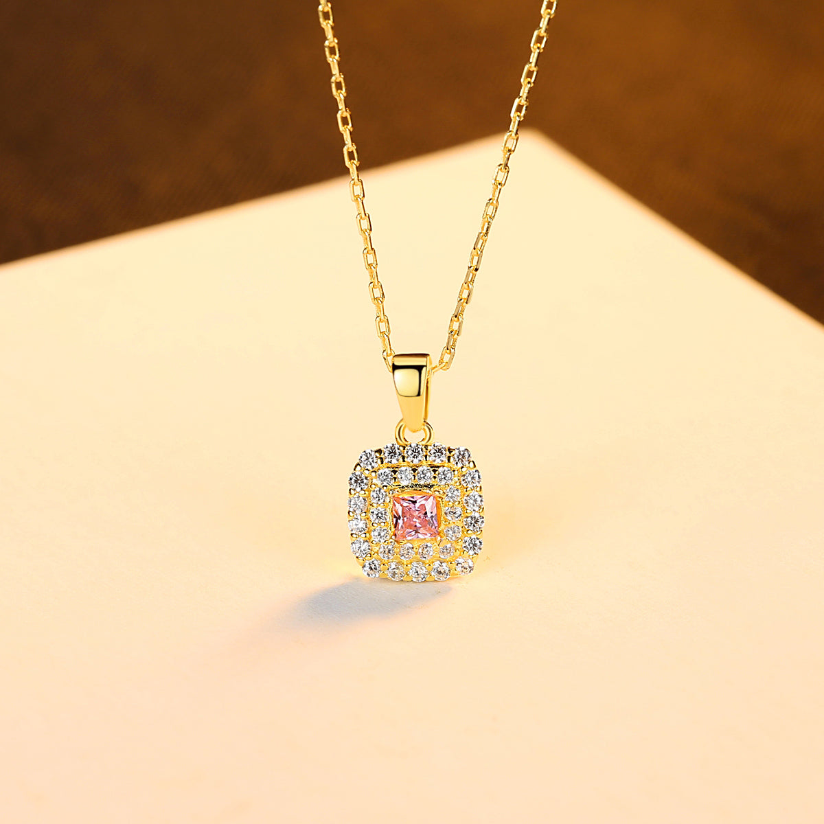 Pink Diamond Simulant Gold Necklace
