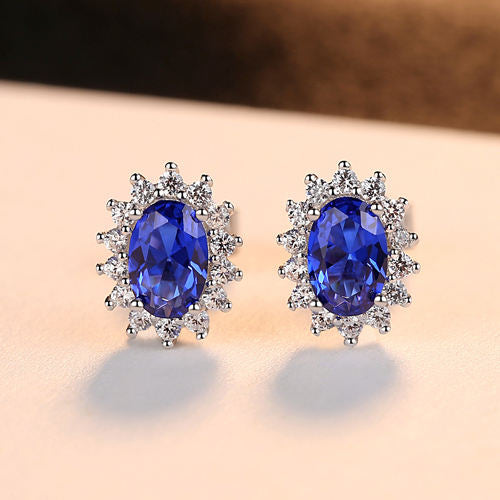 Sapphire Simulant Halo Silver Earrings