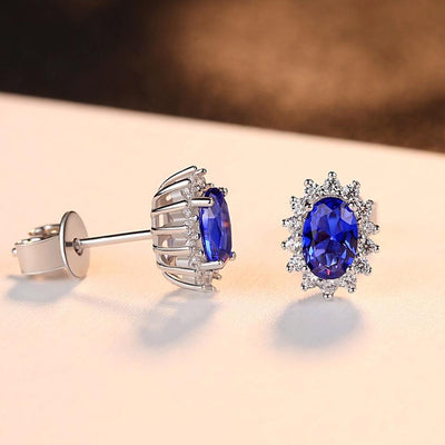 Sapphire Simulant Halo Silver Earrings