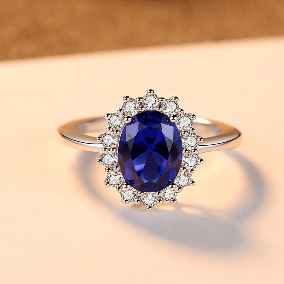 Sapphire Simulant Halo Silver Ring