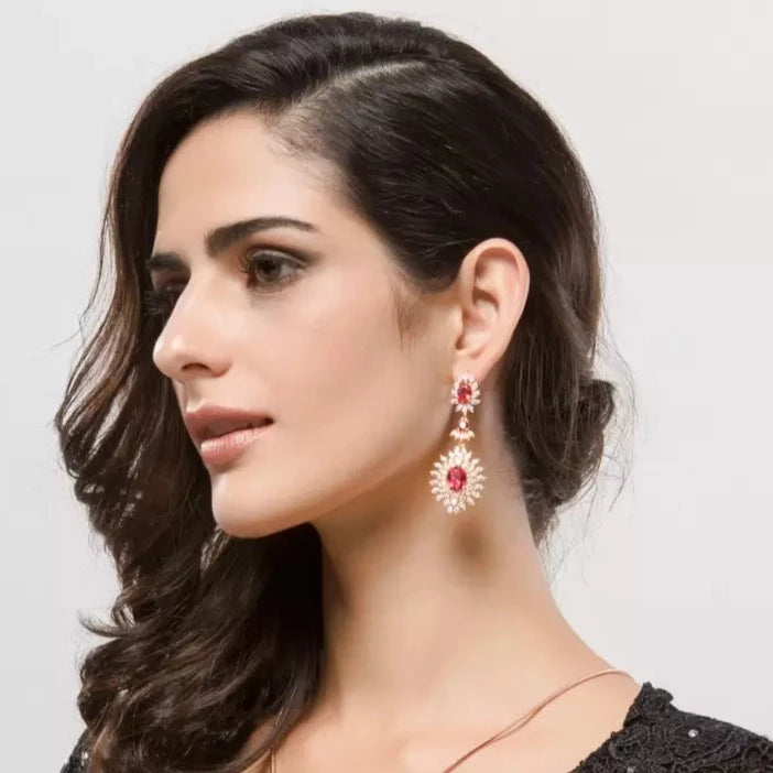 Ruby Simulant Gold Statement Earrings
