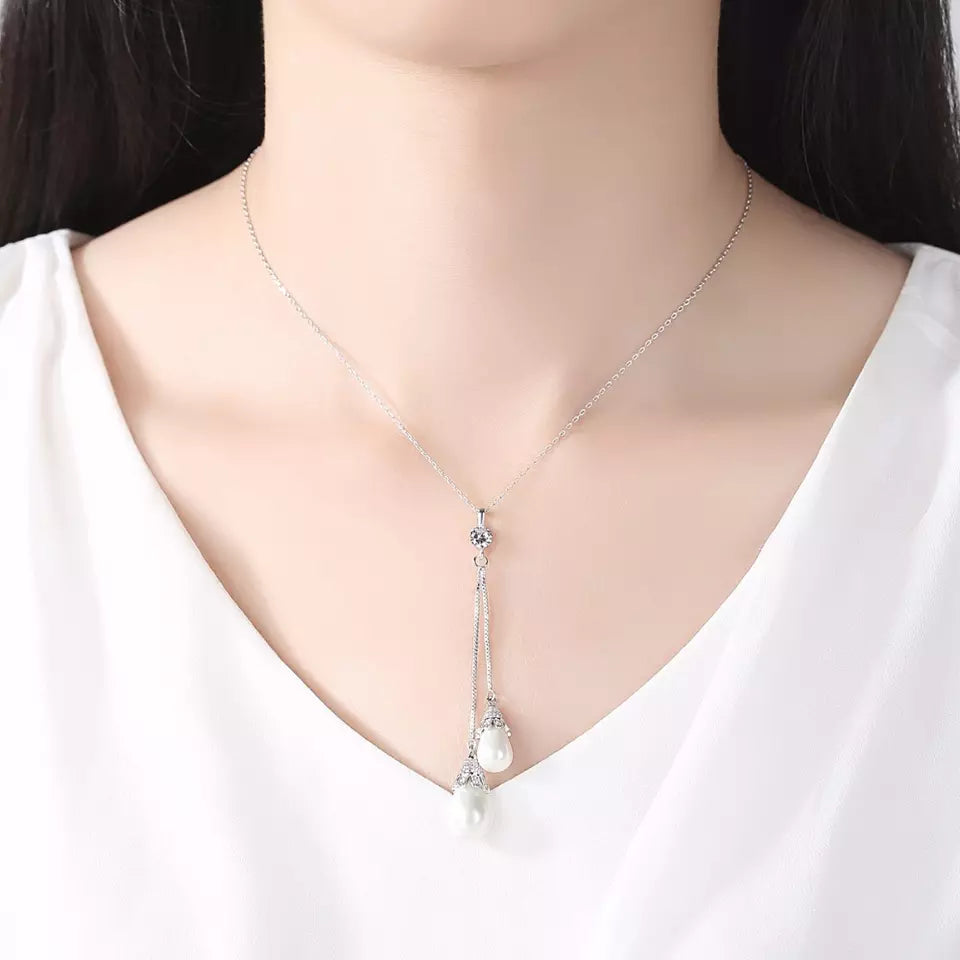 Pearl Simulant Lariat Silver Necklace