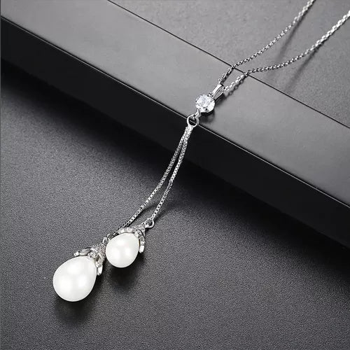 Pearl Simulant Lariat Silver Necklace