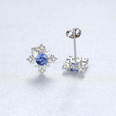 Sapphire Simulant Snowflake Silver Earrings