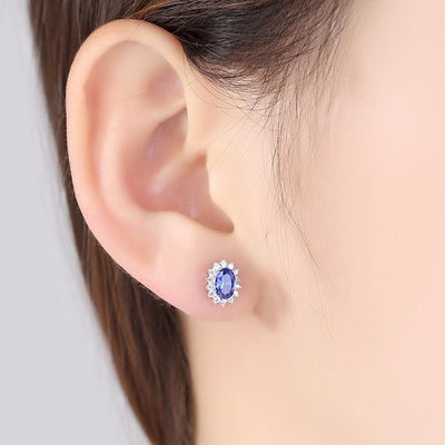 Sapphire Simulant Halo Silver Earrings