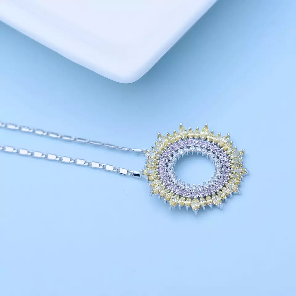 Diamond Simulant Sunflower Silver Necklace